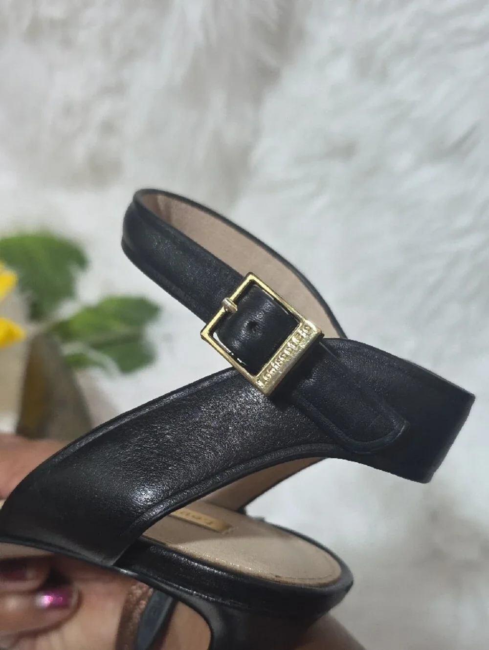 Louise et Cie Black Metallic Textured Pointed Ankle-Strap Heels